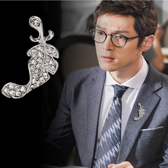 Jewelry - Brooch Feather Leaf Men Woman Rhinestone Sparkle Gemstone Pins
